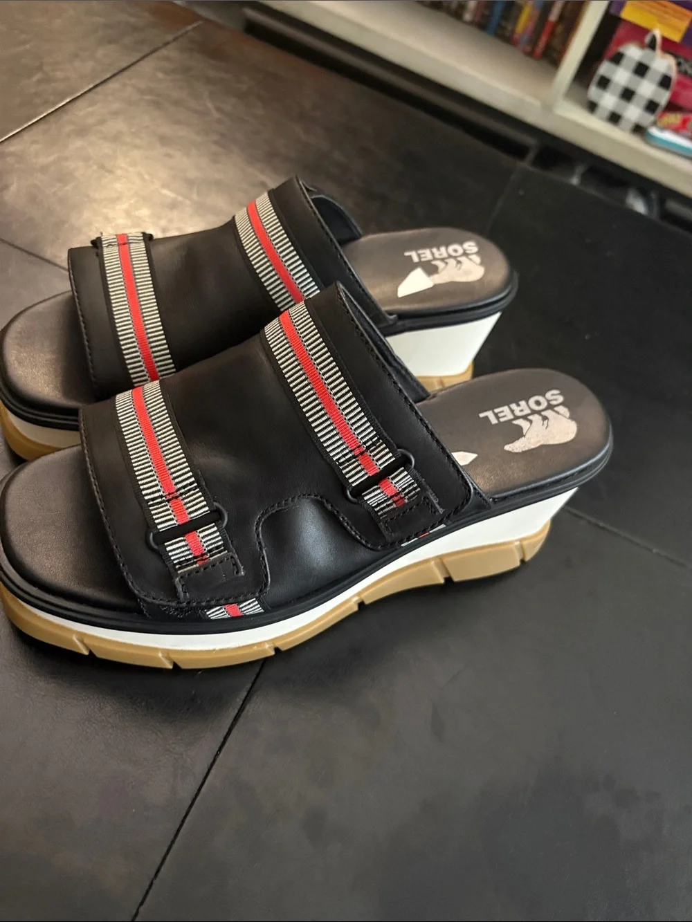 Sorel Black Slide Sandals with Red & White Stripes and Tan Sole